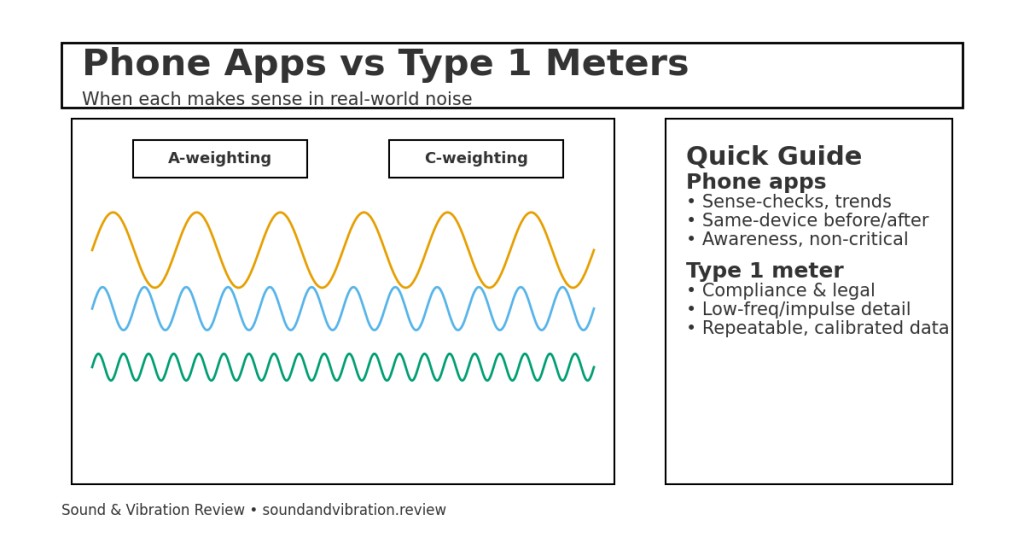 Phone app next to a Type 1 sound level meter during a field measurement